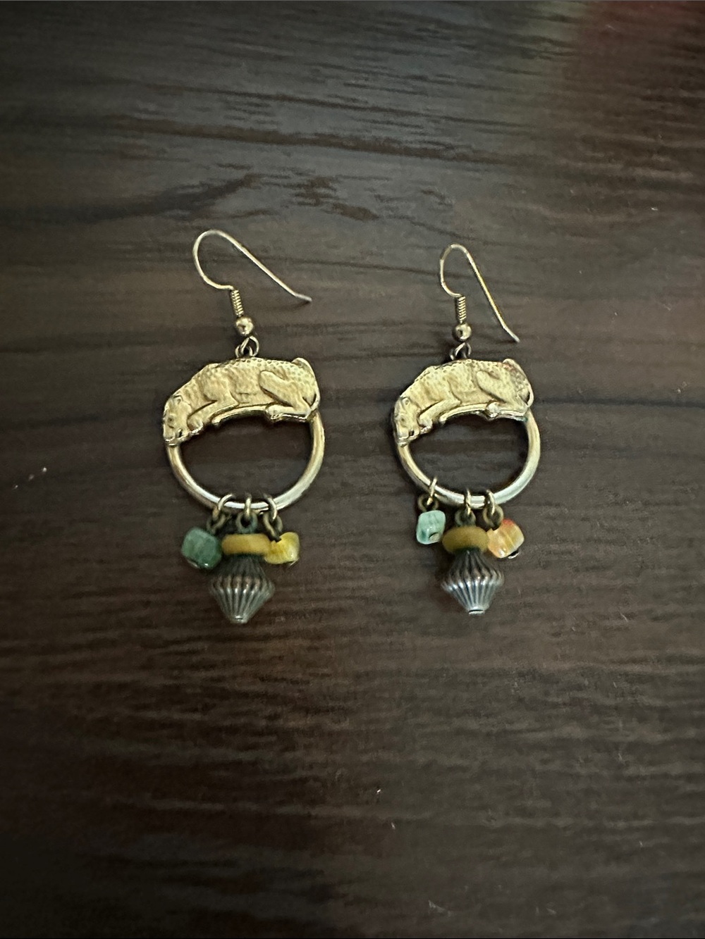 Vintage Gold Metal Cat/Leopard Hoop Earrings with Multicolor Beads